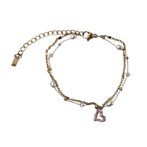 Gold Tone Pink Heart Charm Pearl Beaded Double Strand Bracelet Jewelry‎ - Picture 2 of 5